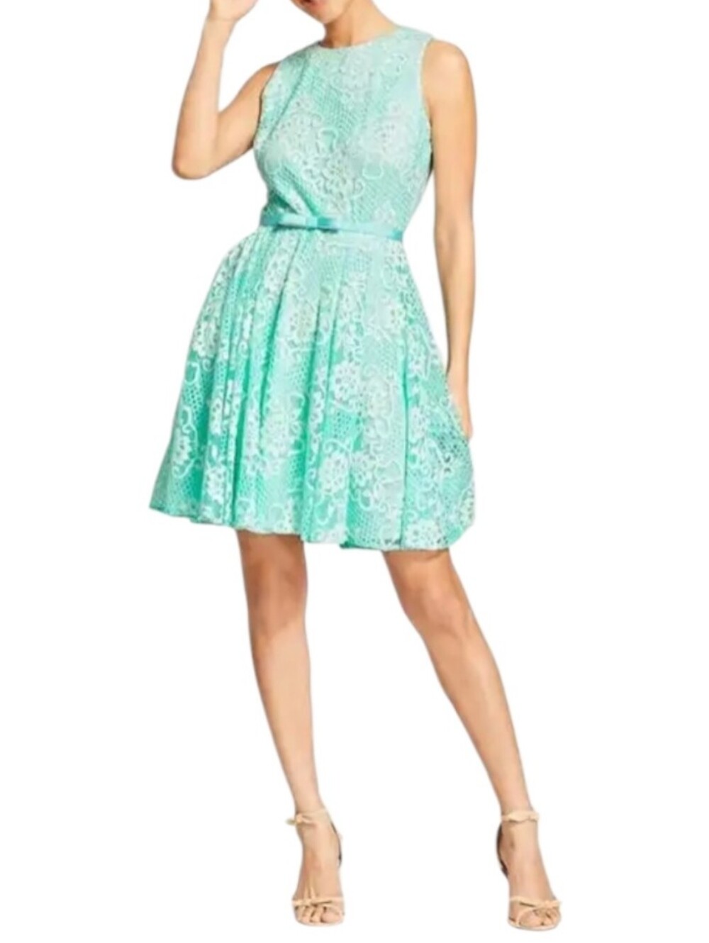 Melonie T Sleeveless Mint Green Lace Fit & Flare Mini Dress with Self Tie  Belt